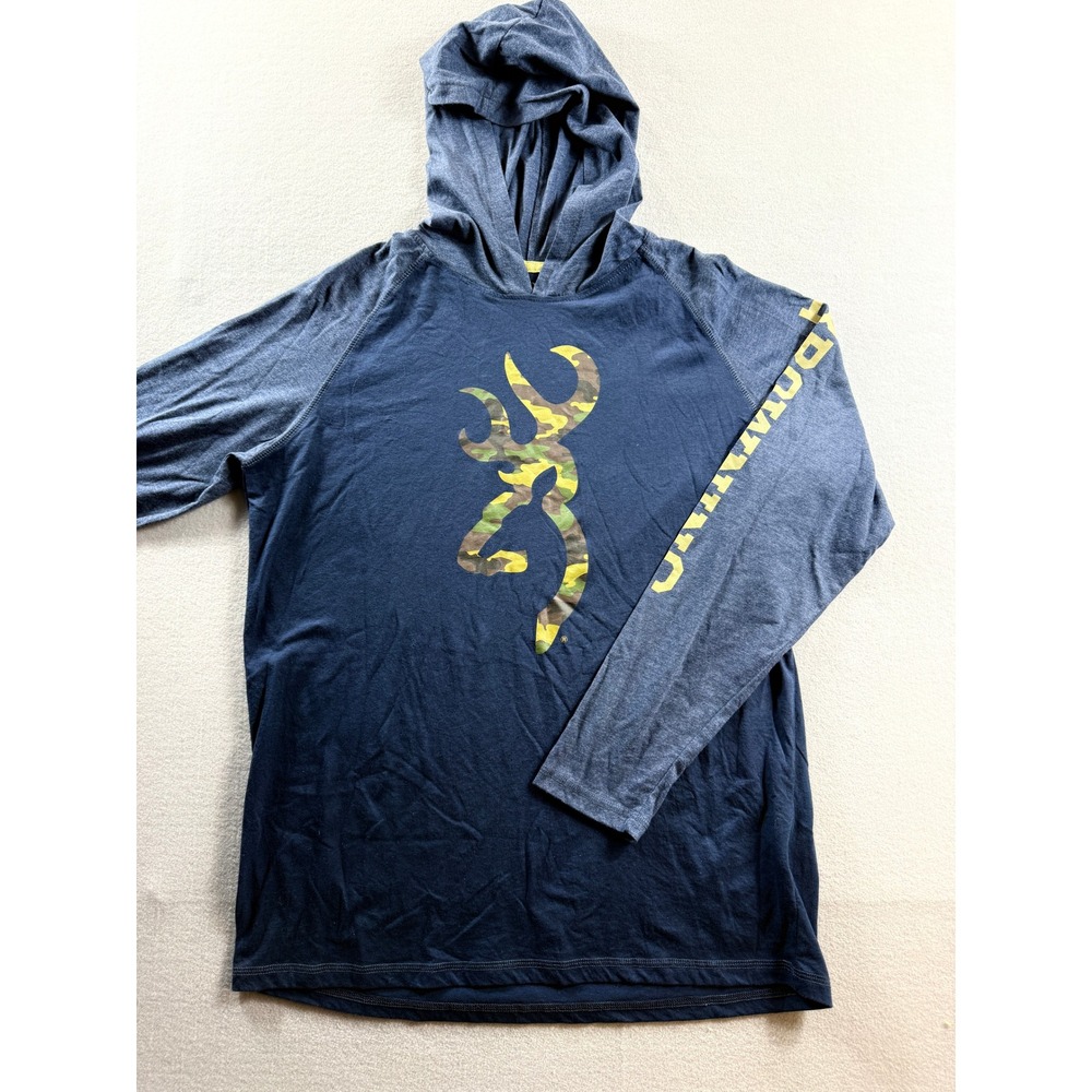 Browning Hoodie Men Large Blue Camo Buck Logo Long Sleeve Raglan Pullover